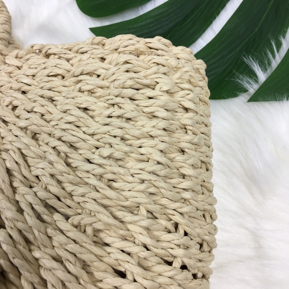 Straw Moon Shaped Pom Pom Beach Handbag Natural - Picture 5 of 6